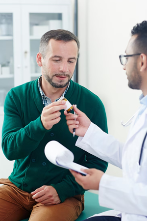 male doctor giving a male patient a bottle of pills