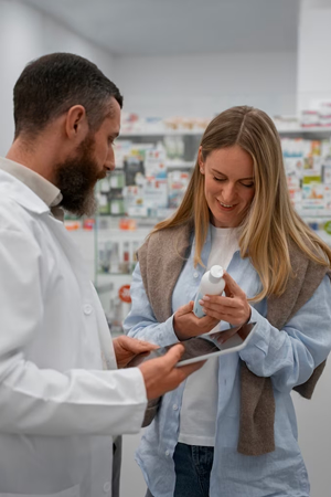 male doctor showing a young woman the label of a pill bottle