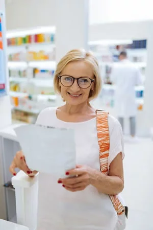 a woman with glasses holding a piece of paper 