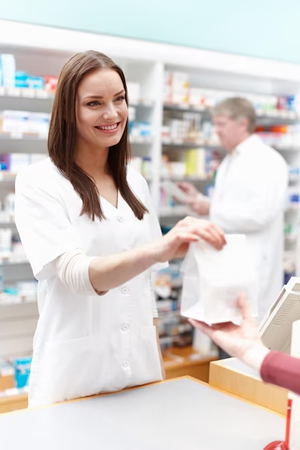 a woman pharmacist handing a customer their bag of medication