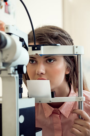 woman staring into a vision testing machine