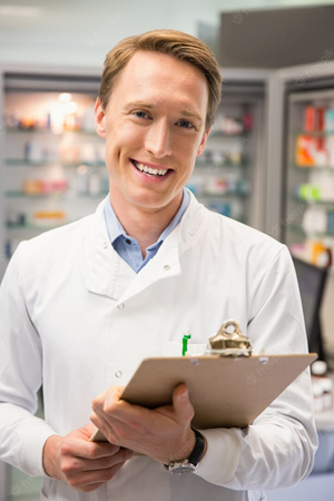 a male pharmacist holding a clipboard and smiling