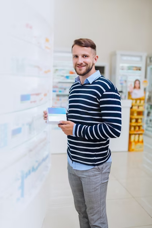 a man in a striped sweater holding a packet of medication