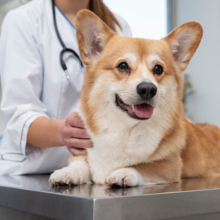 a vet in the background with a hand on a beige corgi dog